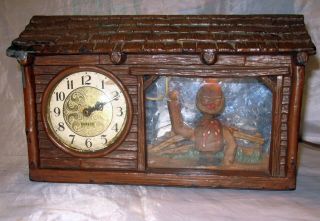 Vintage Animated Novelty Clock Haddon Log Cabin With Modified Scene Anri Moving