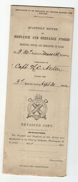 1862 Civil War Document Ordnance Issued To 32nd Mass Volunteer Infantry