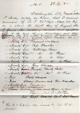 1862 Civil War Document Capt Norton Equipment Repor 32nd Mass Volunteer Infantry