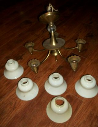 Antique Gas Electric Brass Czechoslovakia Chandelier Light Lamp 5 Arm W/shades 2