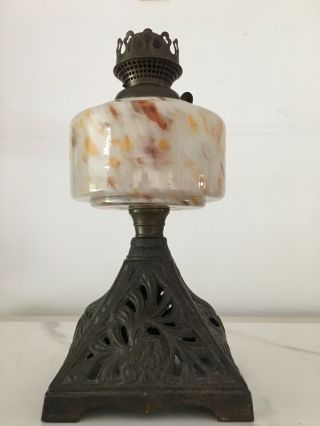 ANTIQUE small mottled amber and white glass oil lamp cast metal base 3
