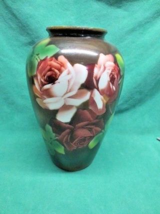 Antique Victorian Bristol Milk Glass Vase Hand Painted Roses 13 " Flowers