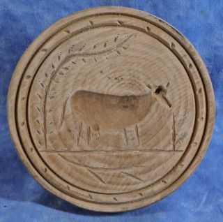 Vintage Wood Folk Art Hand Carved Butter Mold Stamp Press - Cow