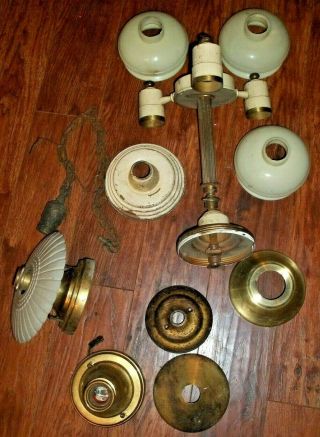Antique Gas Electric Brass Ivory Chandelier Light Lamp 3 Arm W/shades &