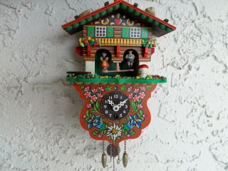 Vintage Swiss Chalet Miniature Cuckoo Clock Germany W / Moving Figures