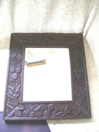 Antique Carved Oak Bevelled Mirror 18 " Tall X 16 " Wide