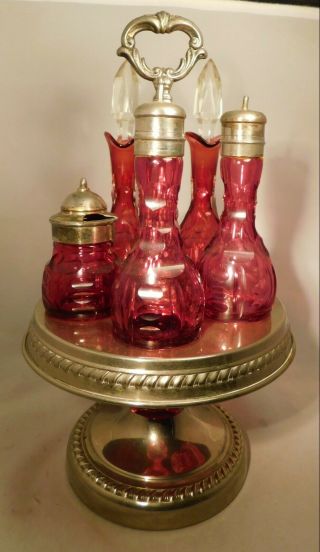 Old Antique Cranberry Glass Cruet Set