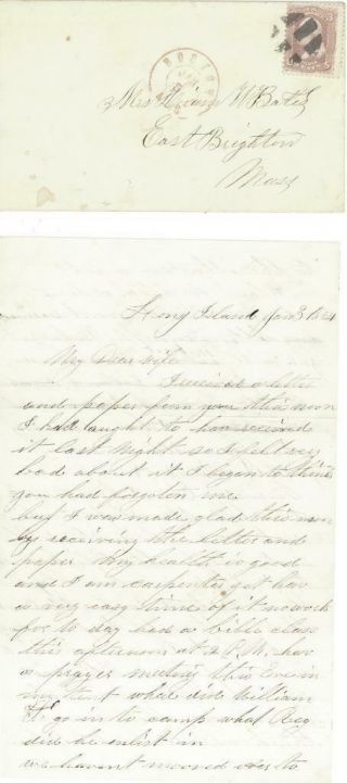 Civil War Soldier Letter & Cover - Long Island Boston Harbor 1864 1