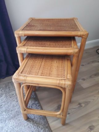 Vintage Bamboo Rattan Cane Nest Of 3 Side Tables