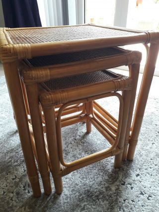 Vintage bamboo rattan cane nest of 3 side tables 2