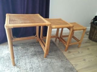 Vintage bamboo rattan cane nest of 3 side tables 4