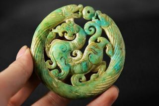 Delicate China Old Green Jade Hand Carved Dragon Lucky Pendant W95