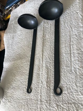 Vintage (2) Hand Forged Wrought Iron Ladles Rat Tail Handle 14 - 1/4” Ea.