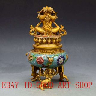 Chinese Vintage Brass Handwork Cloisonne King Kong Buddha Incense Burner L13
