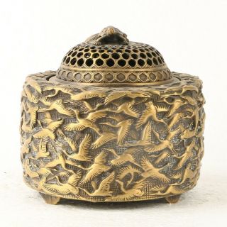 China Exquisite Brass Incense Burner Carved Birds W The Ming Dynasty Mark GL286 2