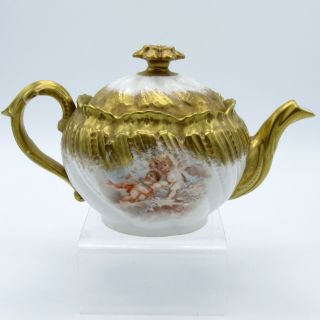 Antique French Limoges White Porcelain Tea Pot With Cherub Scene & Gold Trim,  Nr