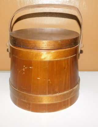 Primitive Jerywil Wooden Sugar Firkin Red Lined Bucket Swing Handle & Lid