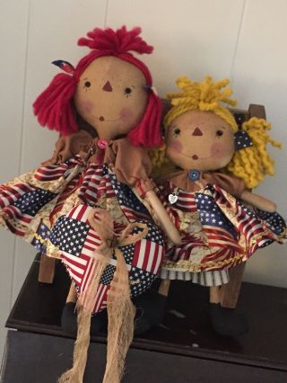 Primitive Folk Art Raggedy Ann Doll Home Of The Brave W/americana Heart