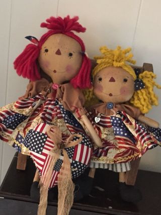 Primitive Folk Art Raggedy Ann Doll Home Of The Brave W/Americana Heart 2