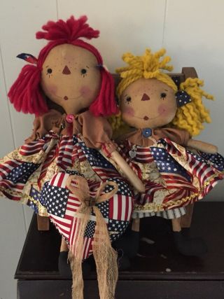 Primitive Folk Art Raggedy Ann Doll Home Of The Brave W/Americana Heart 3