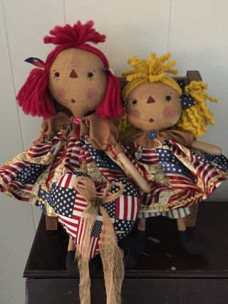 Primitive Folk Art Raggedy Ann Doll Home Of The Brave W/Americana Heart 4