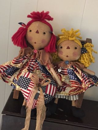 Primitive Folk Art Raggedy Ann Doll Home Of The Brave W/Americana Heart 6