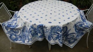 Vintage French Blue Tablecloth 64” Sq Artecasa Hand Screened Made In Germany