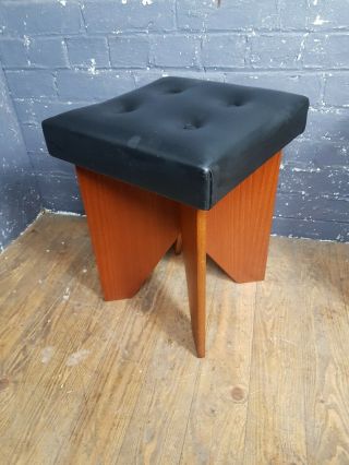 Vintage 1970s Teak Stool With Black Leather Seat Very Cool Retro Stool