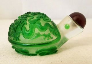Vintage Peking Glass Figural Turtle Asian Snuff Bottle Green Dragon