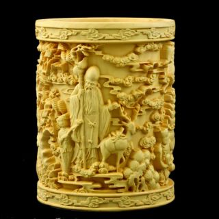 Chinese Boxwood Brush Pot Carved Three Gods Of Fortune,  Prosperity And Longevity