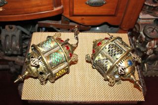 Vintage Middle Eastern Arabic Hanging Chandelier Light 2 Lights Jeweled Brass