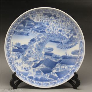 Chinese Blue And White Porcelain Hand Painted Qingming Scrol Plate Qianlong Mark