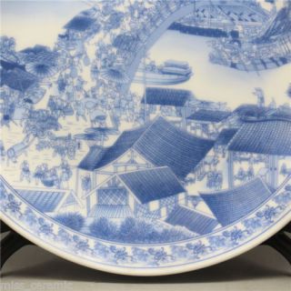 Chinese Blue and white Porcelain Hand painted Qingming scrol Plate Qianlong Mark 4
