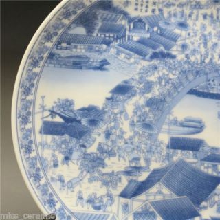 Chinese Blue and white Porcelain Hand painted Qingming scrol Plate Qianlong Mark 5