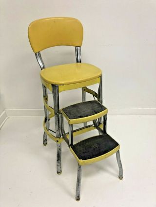 Vintage Cosco Step Stool Metal Industrial Side Chair Loft Yellow Folding Kitchen