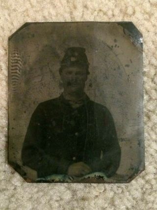 Tintype Civil War Federal Soldier Wearing Kepiand 4 Button Jacket