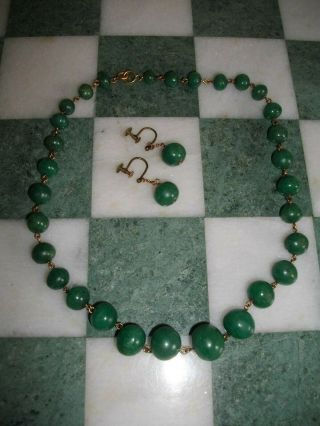 A Vintage Graduated Jade Bead Necklace With Matching Earrings