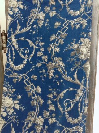Gorgeous 19th Century Blue French Printed Cotton Fabric Vines Urn & Roses
