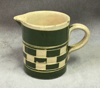 Ca 1770 Green & White Checkered Mochaware Cream Pitcher Creamware Dipped Ware