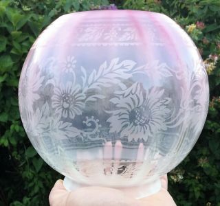 Antique Floral Acid Etched Oil Lamp Glass Globe Shade Cranberry Pink Clear White