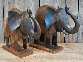 2 Vtg Primitive Rustic Folk Art Large Metal & Wood Elephants Sculpture Figurine 5