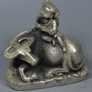 Collectable Handwork Tibet Miao Silver Carve Child Ride Bull Delicate Old Statue