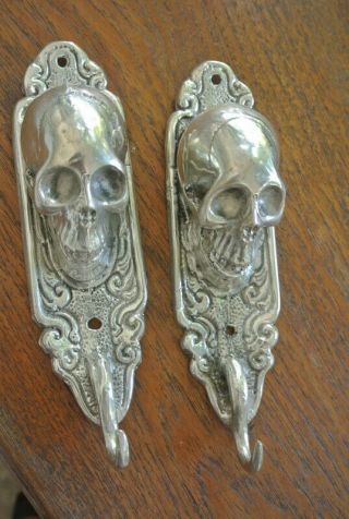 2 Small Silver Plated Skull Hooks Brass Old Vintage Style Antique 6 " Long B