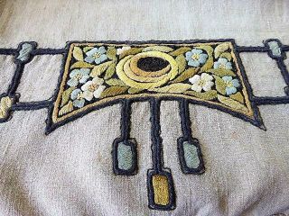 Antique Arts & Crafts Hand Embroidered Linen Runner 53 " Long