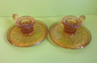 Pair Amber Colour Victorian Pressed Glass  Good Night  Candle Holders