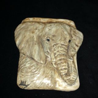 Vintage Painted Ceramic Elephant Relief Wall Plaque Mid Century Decor Signed