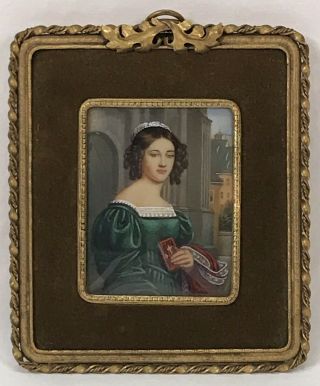Vintage Italian Lady Portrait Miniature Oil Painting Bronze Frame