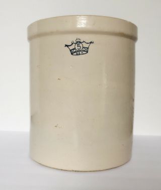 Antique Robinson Tall 5 Gallon Usa.  Stone Ware Pottery Crock Blue Crown