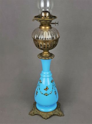 Victorian Blue Opal Glass Stem Kerosene Duplex Oil Lamp Cut Glass Font Fount