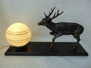 Vintage French Art Deco Spelter Stag Marble Base Mood Table Lamp -
